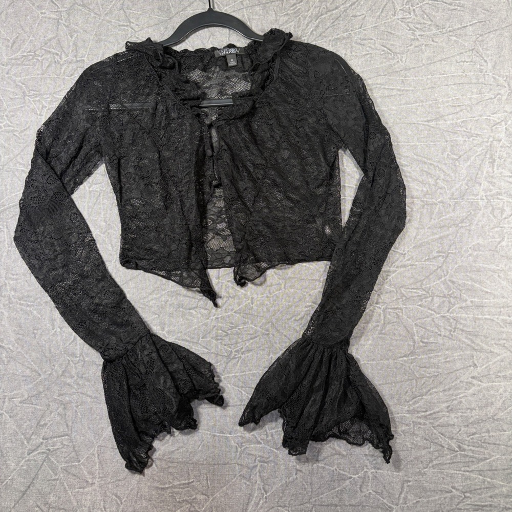 Widow Shrug Women M Black Lace Bell Sleeve Cropped Cardigan Goth Ruffle Sheer